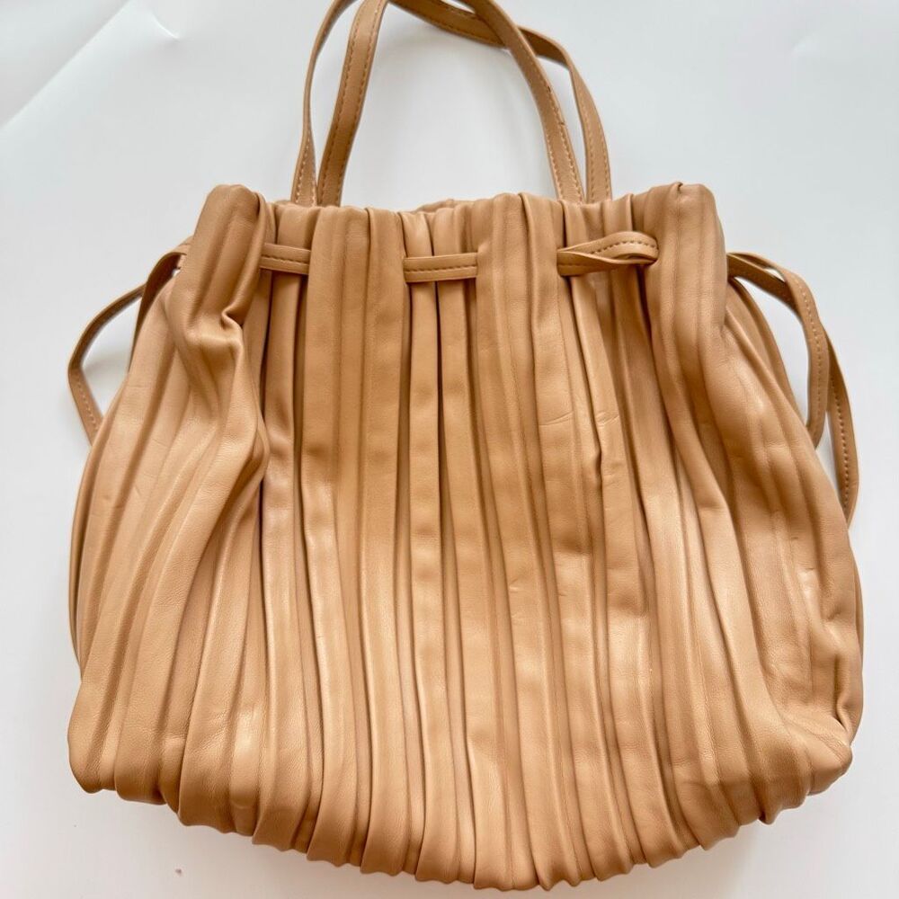 Sondra Roberts Squared Vegan Leather Cinch Pleated Bucket Bag Large Clutch Tan